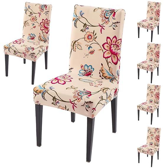 Beach Beige Dahlia print dining chair covers set of 6 | Hokipo