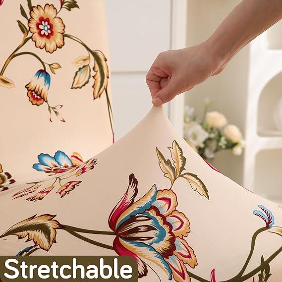 Beach Beige Dahlia print stretchable dining chair covers | Hokipo