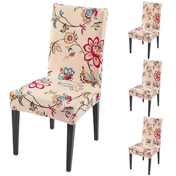 Beach Beige Dahlia print dining chair covers set of 4 | Hokipo
