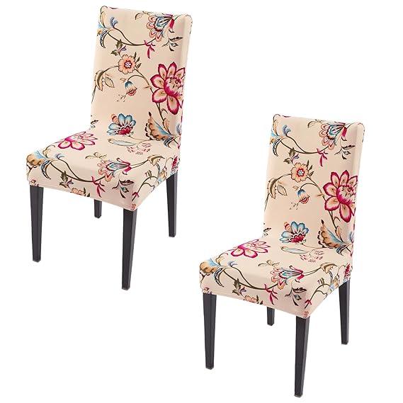 Beach Beige Dahlia print elastic chair covers set of 2 | Hokipo