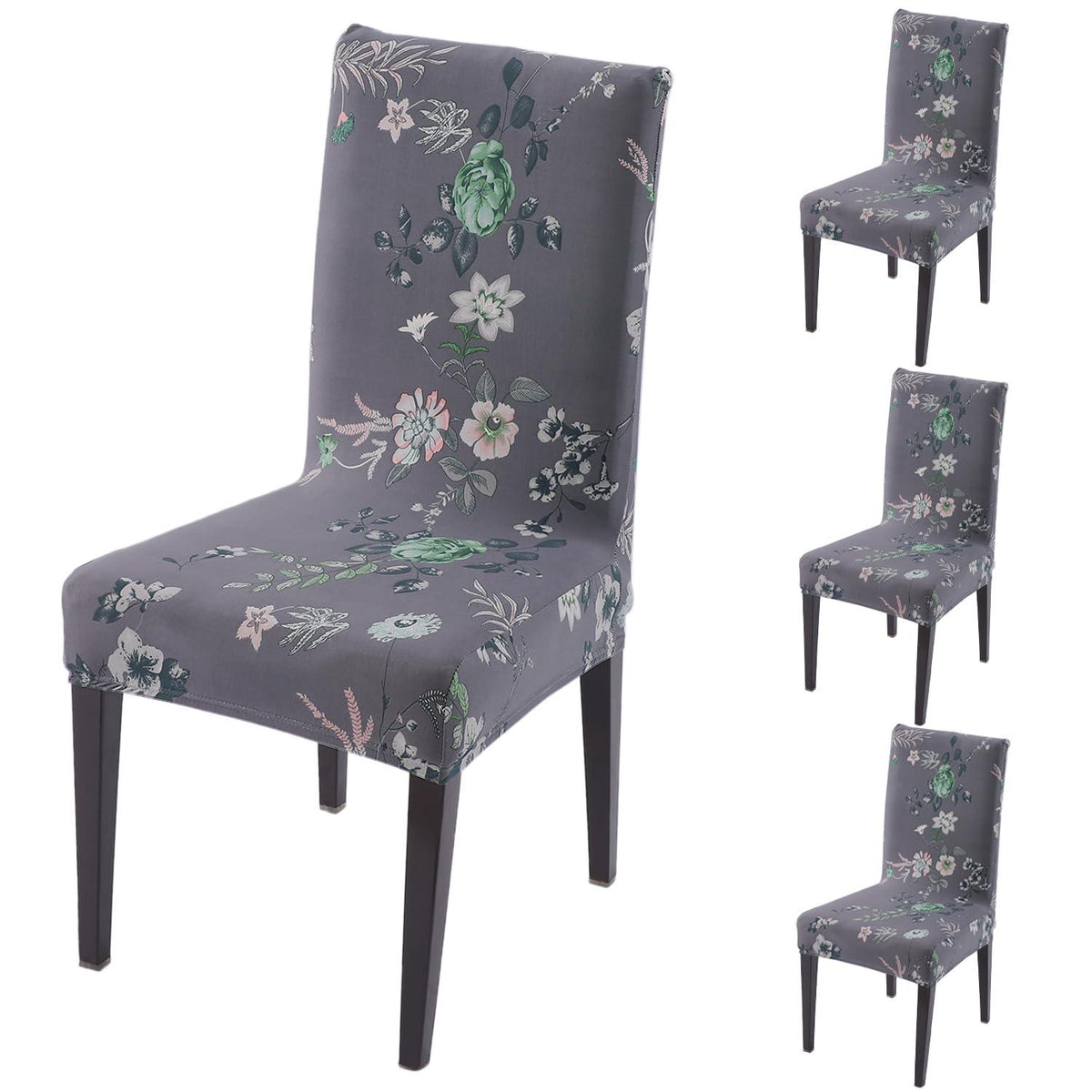 Bentonite Grey Budding Florals print dining chair covers set of 4 | Hokipo