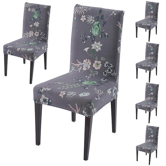 Bentonite Grey Budding Florals print dining chair covers set of 6 | Hokipo