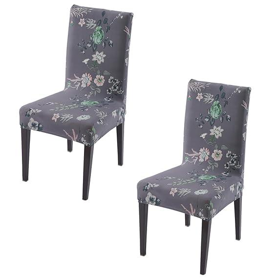 Bentonite Grey Budding Florals print elastic chair covers set of 2 | Hokipo