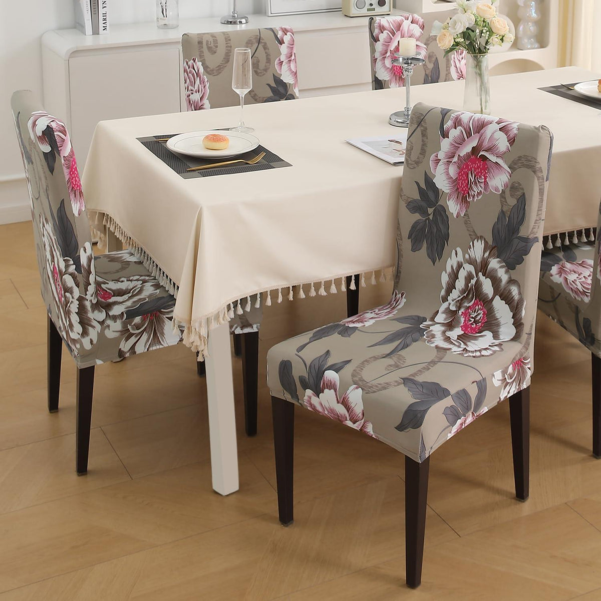Buff Brown Geum print chair covers for dining chairs | Hokipo