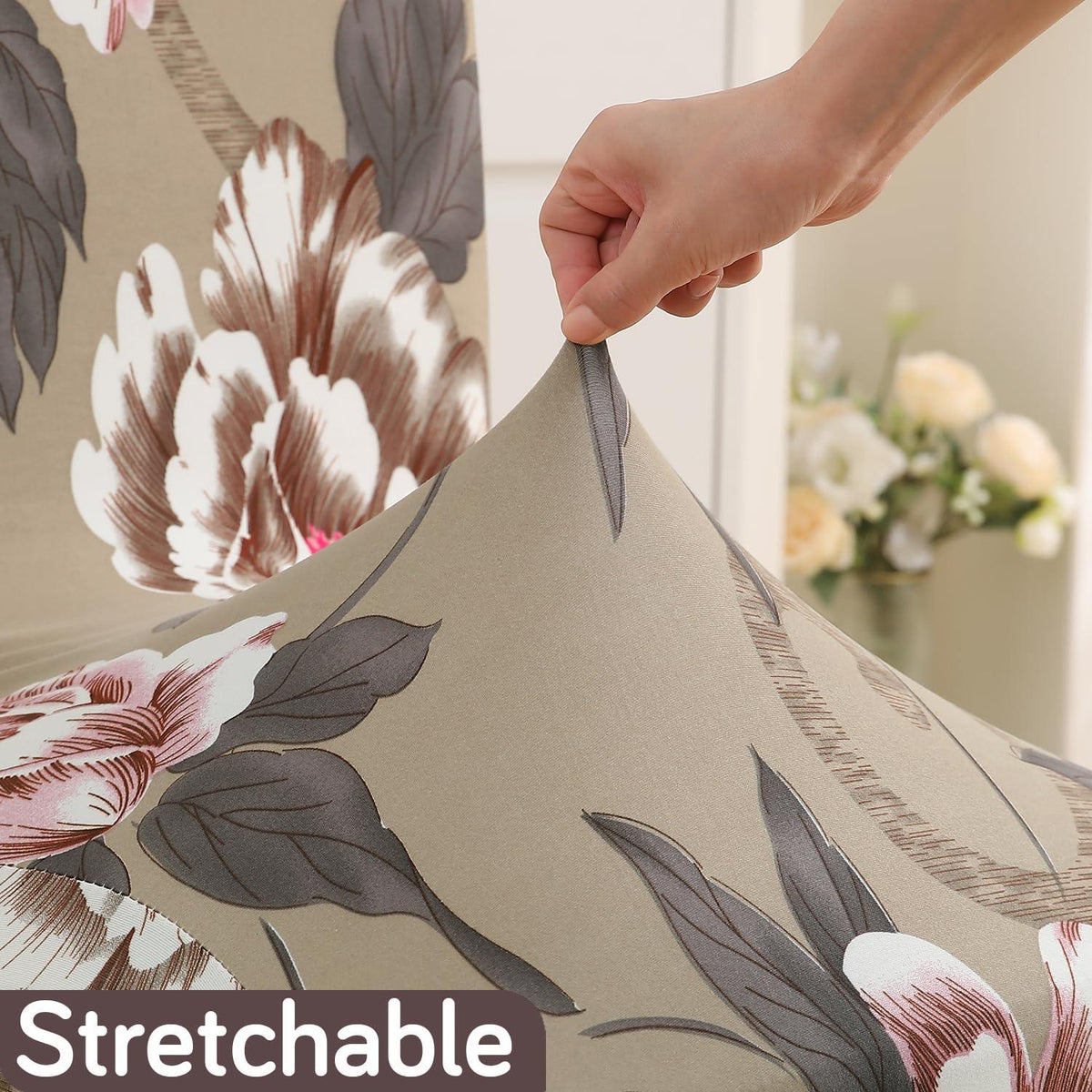 Buff Brown Geum print stretchable dining chair covers | Hokipo