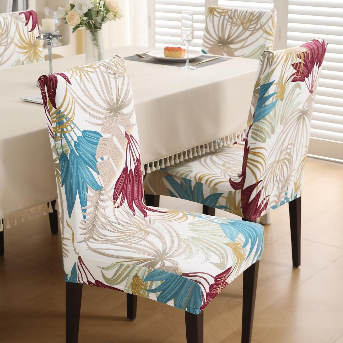 Cane Beige Ferns print chair covers for dining chairs | Hokipo