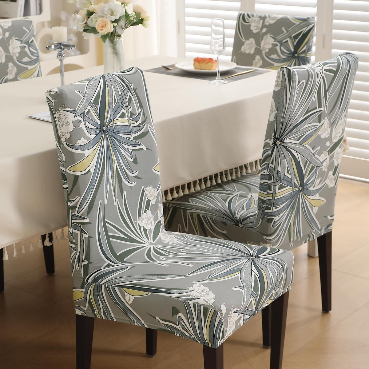Frost Grey Marginata print chair covers for dining chairs | Hokipo