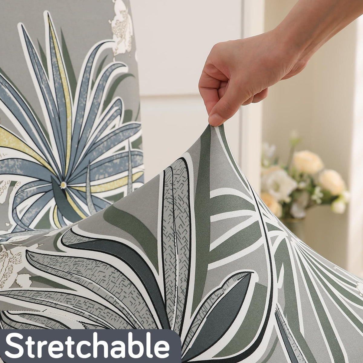 Frost Grey Marginata print stretchable dining chair covers | Hokipo