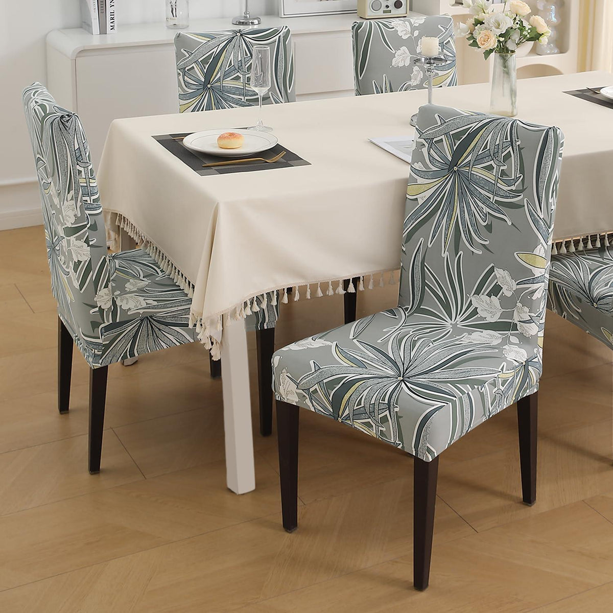 Frost Grey Marginata print dining chair covers​ Set | Hokipo