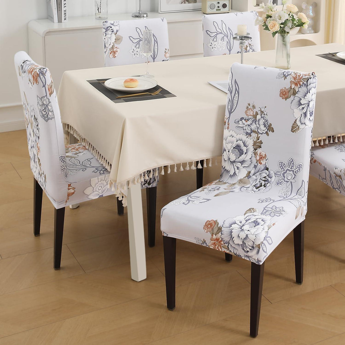 Gentle Grey Dahlia print dining chair covers​ Set | Hokipo