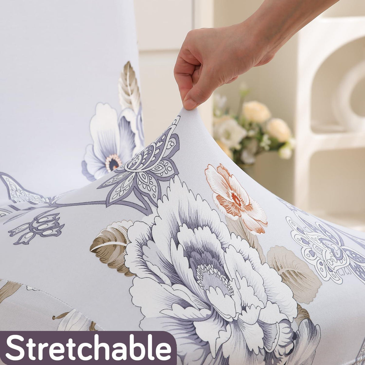 Gentle Grey Dahlia print stretchable dining chair covers | Hokipo