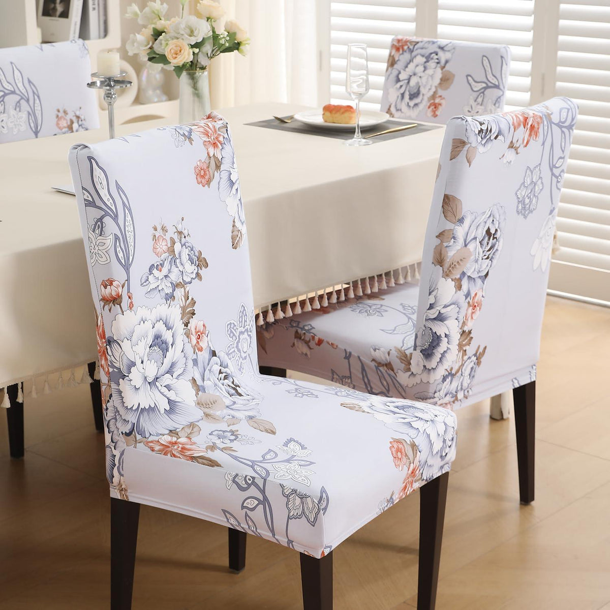 Gentle Grey Dahlia print chair covers for dining chairs | Hokipo