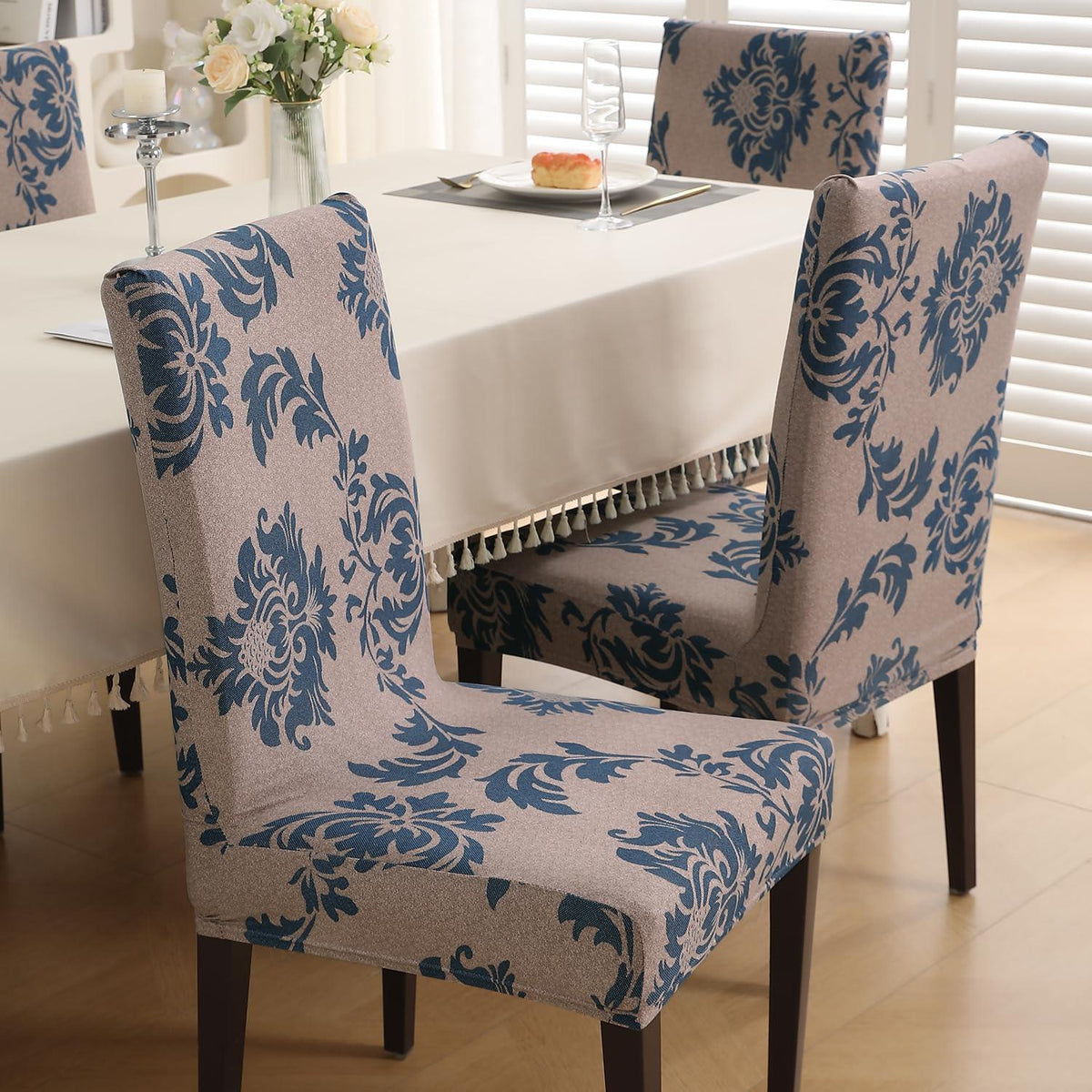 Light Coffee Lotus Damask print chair covers for dining chairs | Hokipo