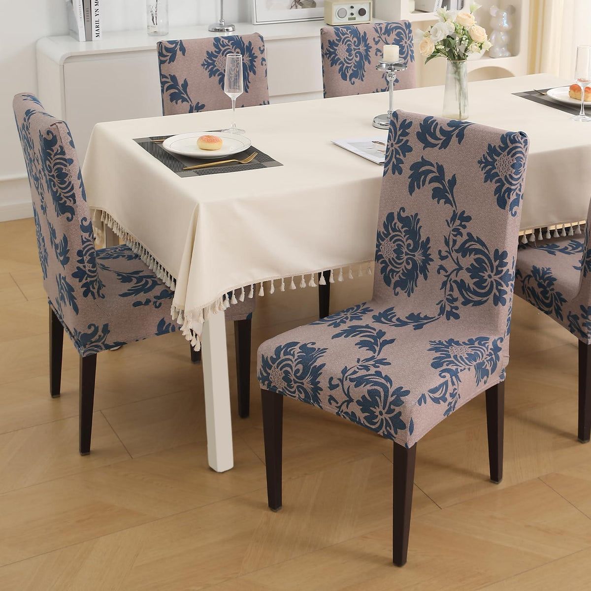 Light Coffee Lotus Damask print dining chair covers​ Set | Hokipo