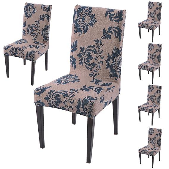 Light Coffee Lotus Damask print dining chair covers set of 6 | Hokipo