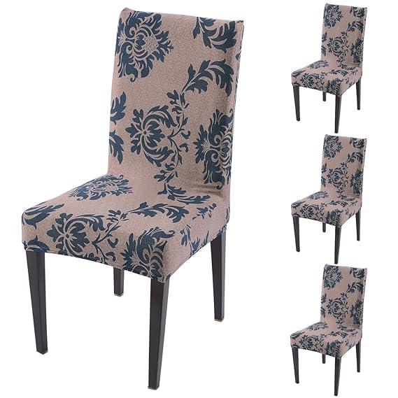 Light Coffee Lotus Damask print dining chair covers set of 4 | Hokipo