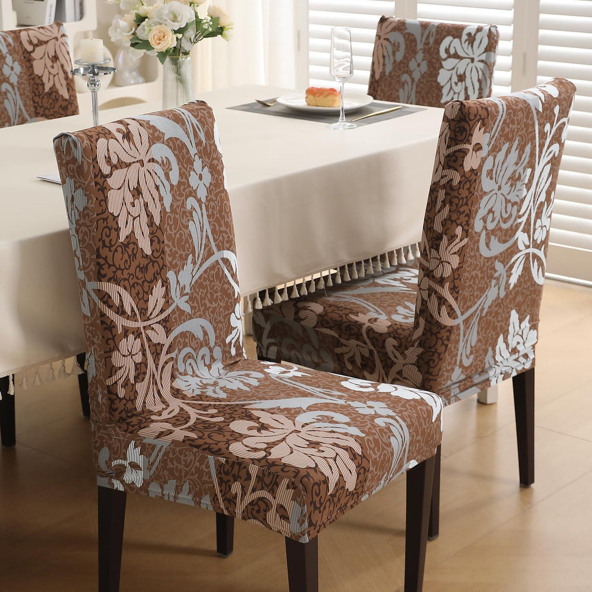 Rich Chocolate Damask Floral print chair covers for dining chairs | Hokipo