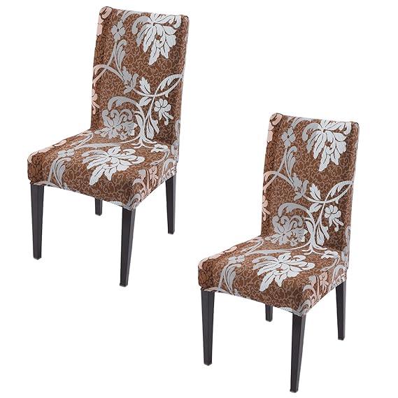Rich Chocolate Damask Floral print elastic chair covers set of 2 | Hokipo