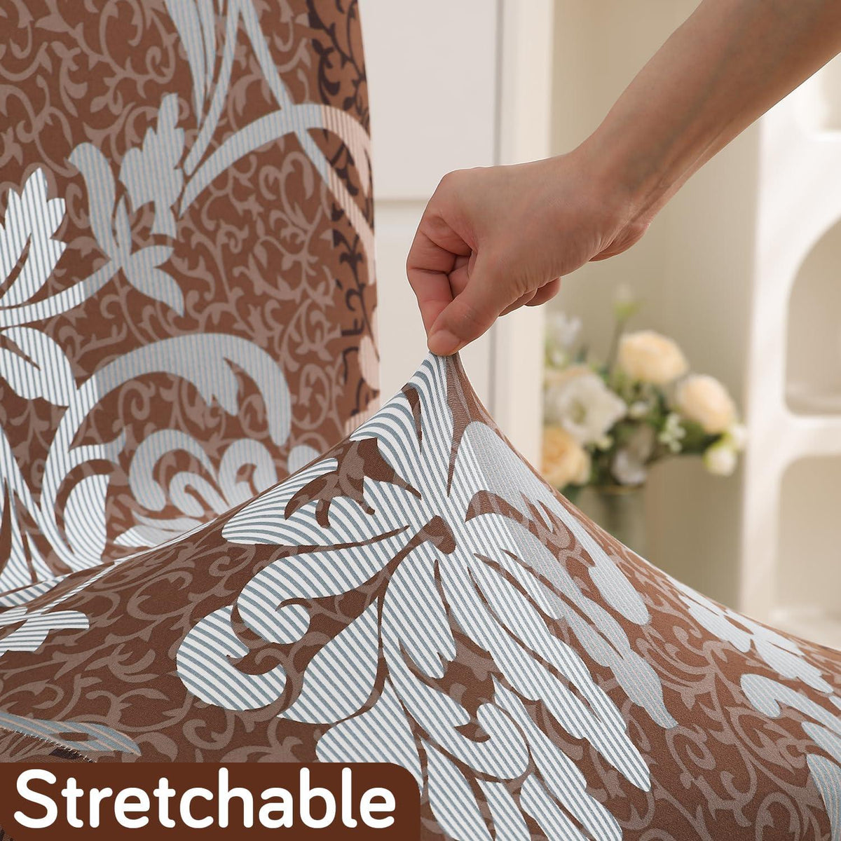 Rich Chocolate Damask Floral print stretchable dining chair covers | Hokipo
