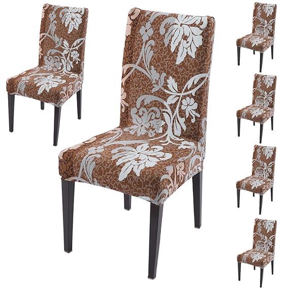 Rich Chocolate Damask Floral print dining chair covers set of 6 | Hokipo