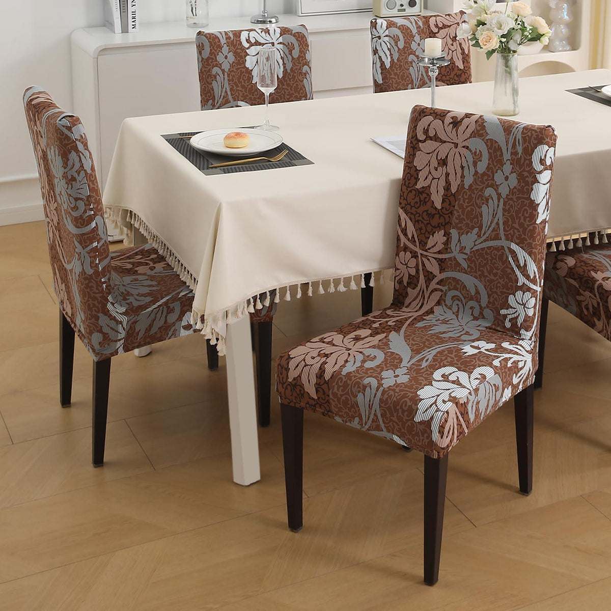 Rich Chocolate Damask Floral print dining chair covers​ Set | Hokipo