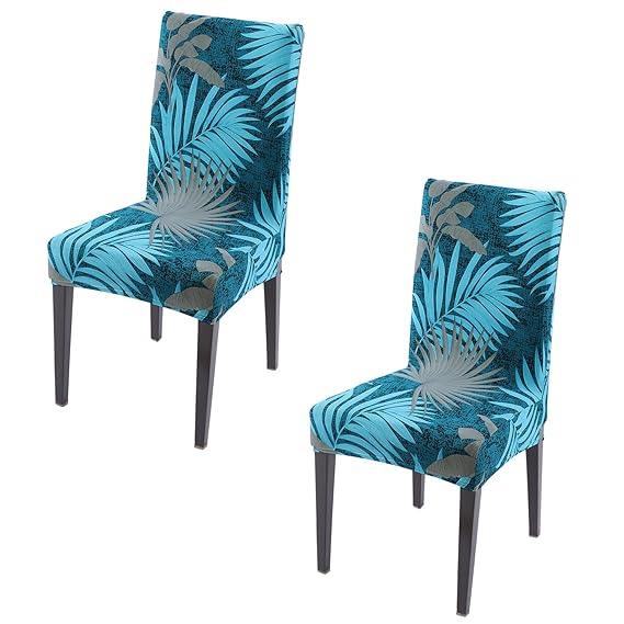 Sea Blue Tropical Leaves print elastic chair covers set of 2 | Hokipo