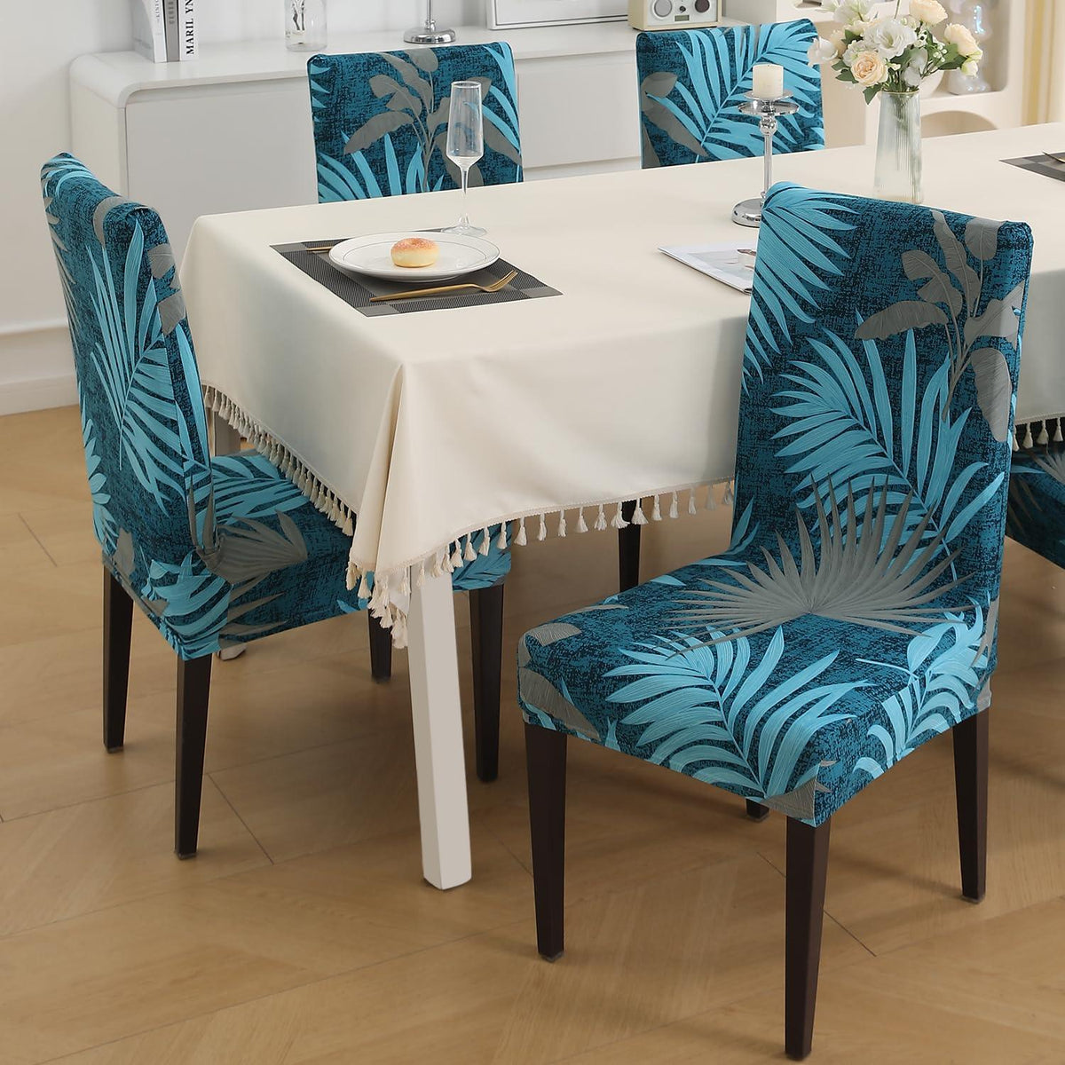 Sea Blue Tropical Leaves print dining chair covers​ Set | Hokipo