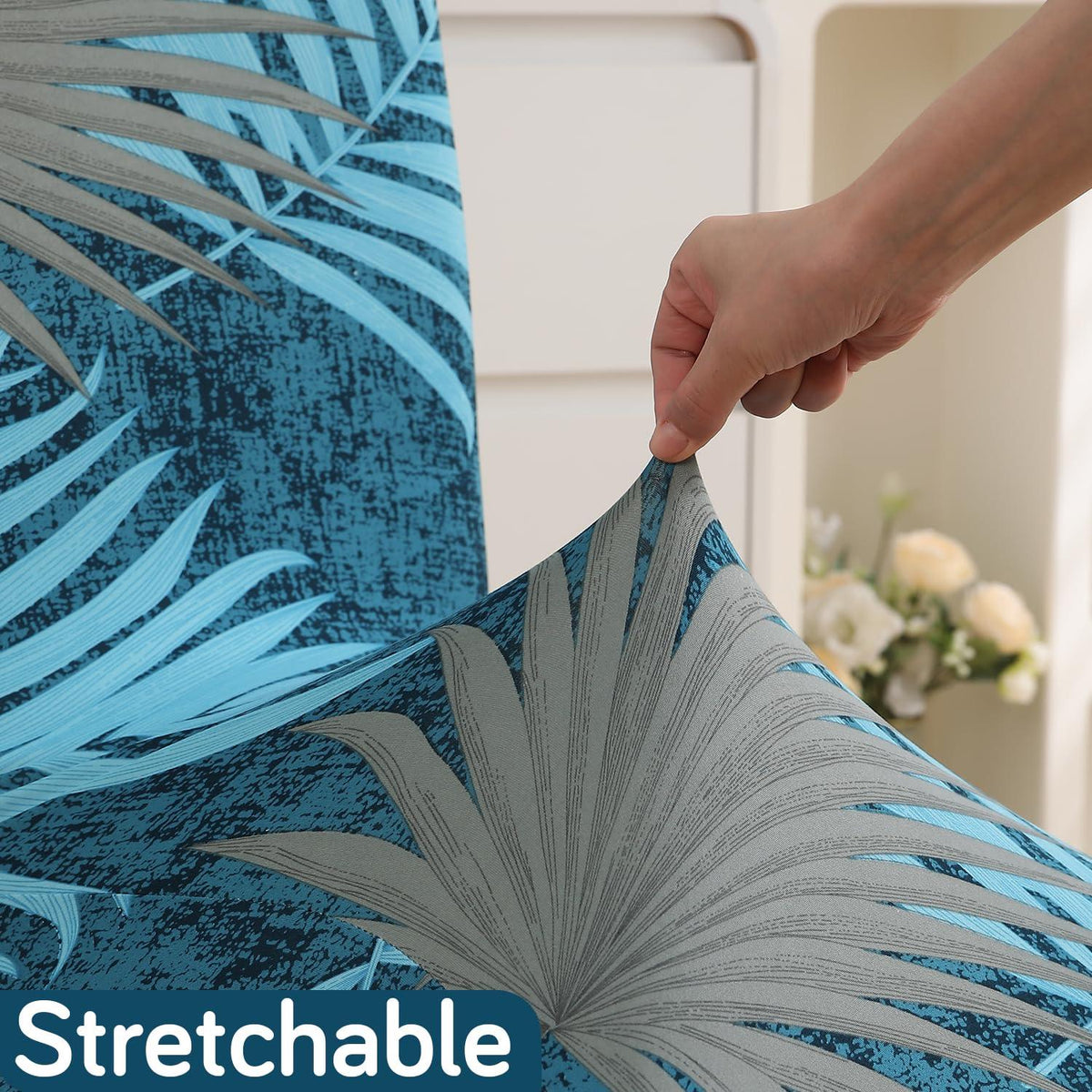 Sea Blue Tropical Leaves print stretchable dining chair covers | Hokipo