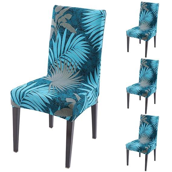 Sea Blue Tropical Leaves print dining chair covers set of 4 | Hokipo