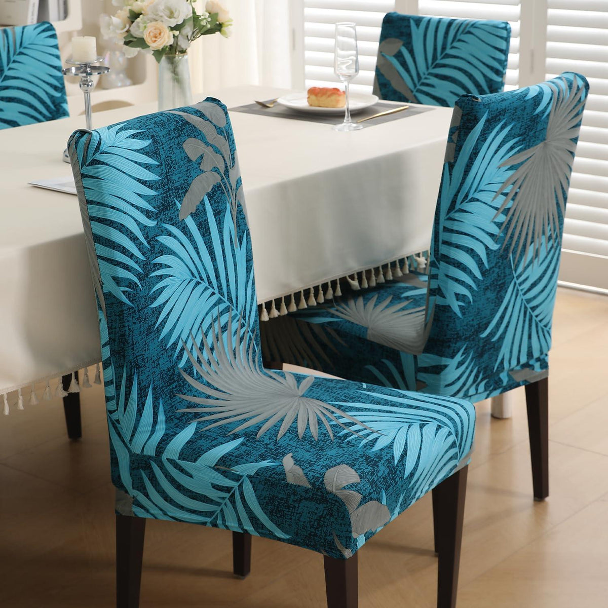 Sea Blue Tropical Leaves print chair covers for dining chairs | Hokipo