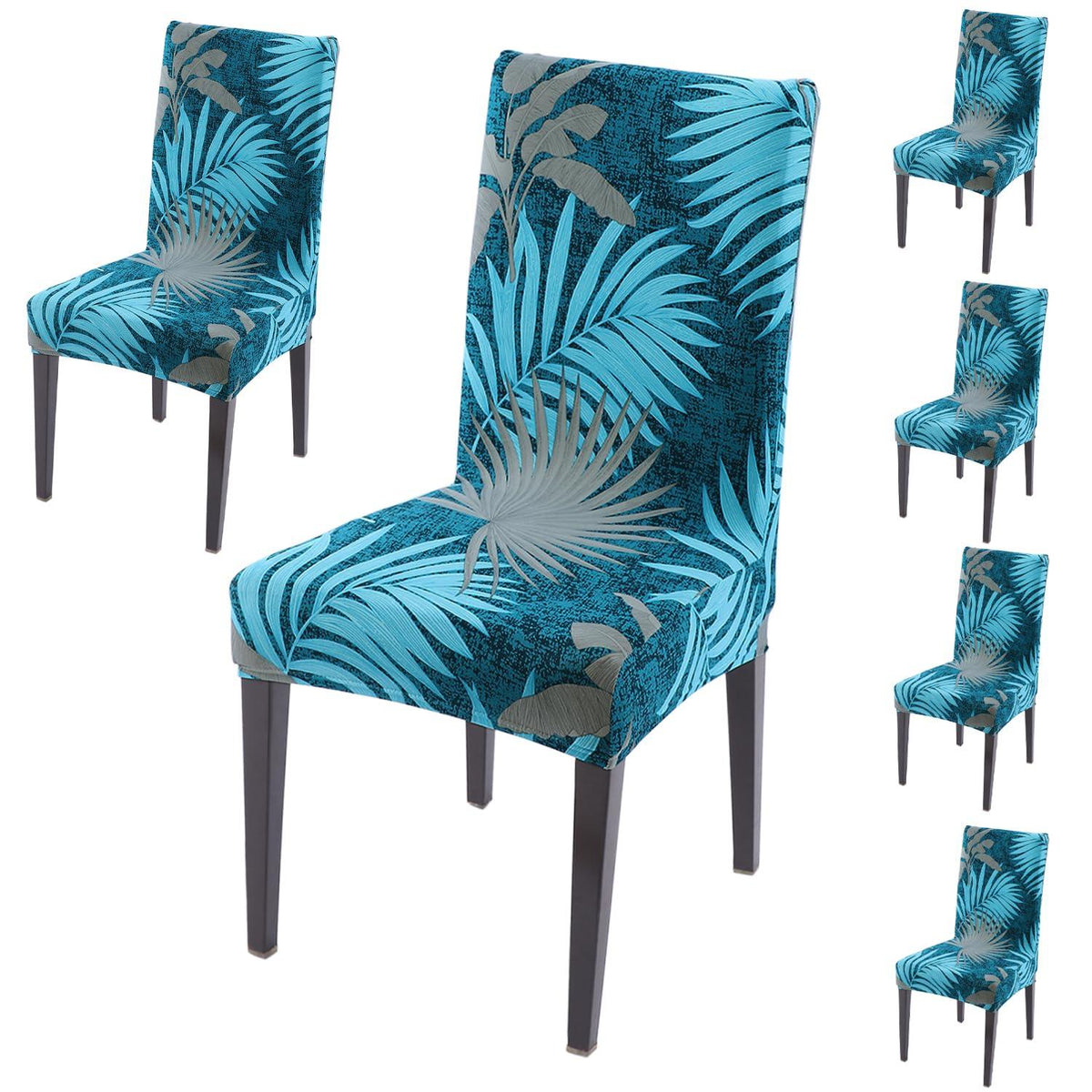 Sea Blue Tropical Leaves print dining chair covers set of 6 | Hokipo