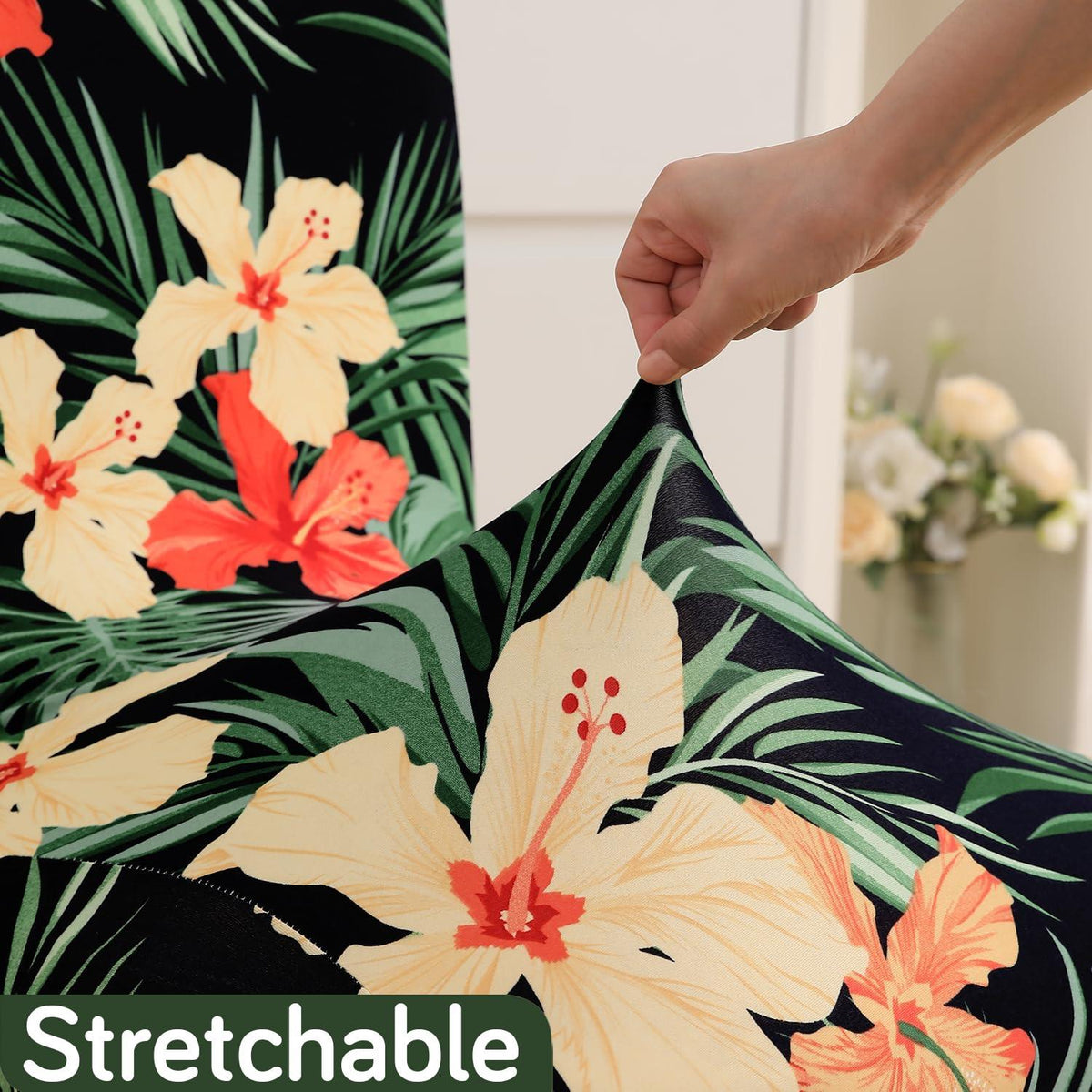Spring Green Hibiscus print stretchable dining chair covers | Hokipo