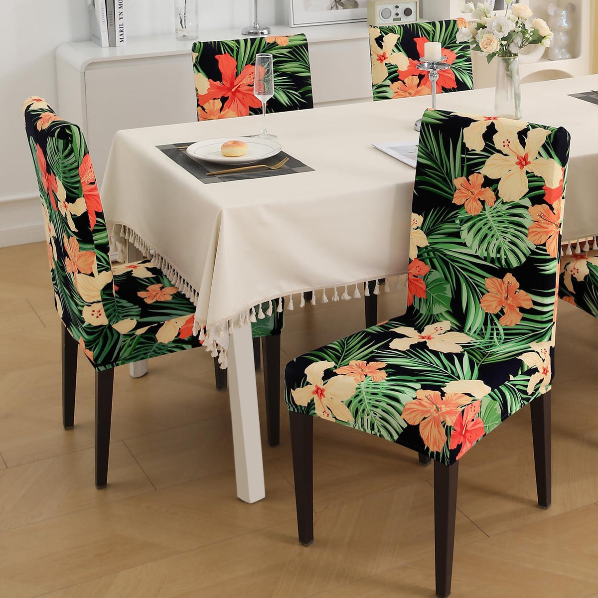 Spring Green Hibiscus print elastic dining chair covers | Hokipo