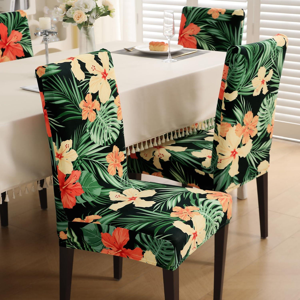 Spring Green Hibiscus print chair covers for dining chairs | Hokipo