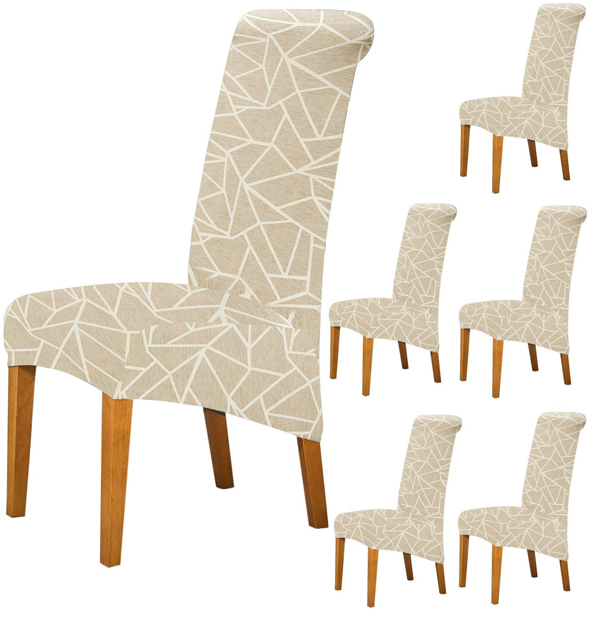 Premium Beige Abstract Geometry print high-back chair covers​ set of 6 | HOKIPO