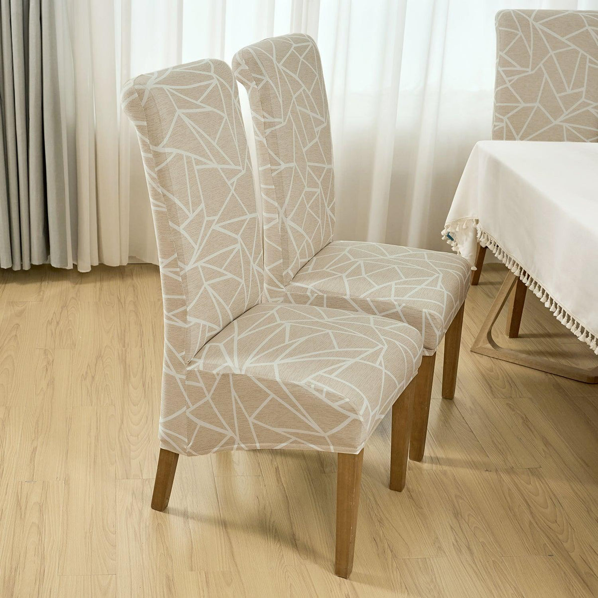 Buy Beige Abstract Geometry print long-back dining table chair cover sets | HOKIPO