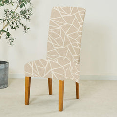 PolySpandex 140gsm High Back Dining Chair Cover Set of 1/2/4/6, Beige Abstract Geometry - HOKIPO | Har Ghar ka Humsafar