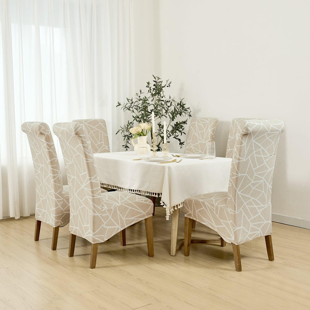 Buy Beige Abstract Geometry print long-back dining chair cover sets | HOKIPO