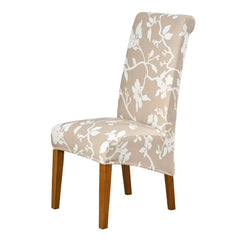 PolySpandex 140gsm High Back Dining Chair Cover Set of 1/2/4/6, Buff Brown Sillehoute Floral - HOKIPO | Har Ghar ka Humsafar