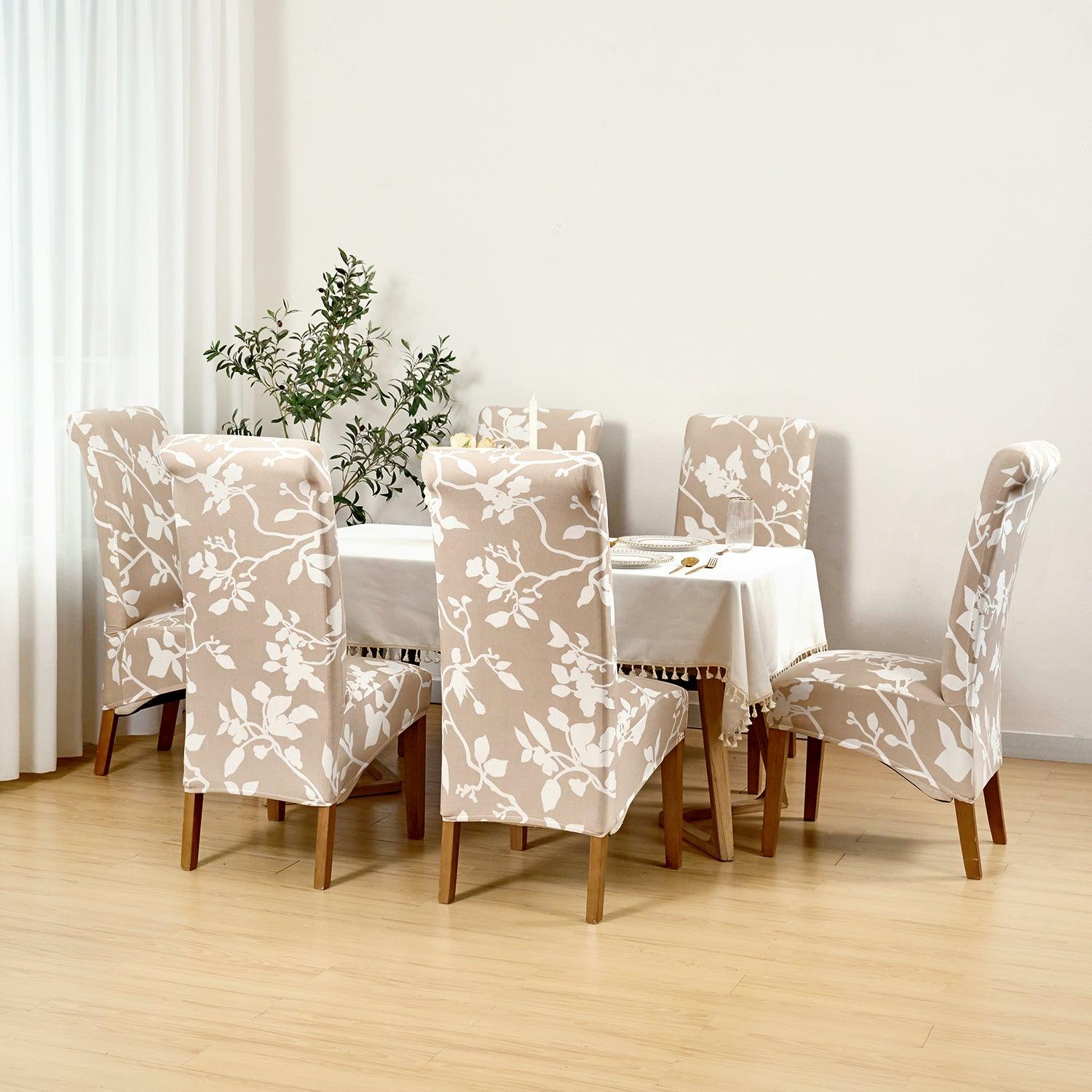 PolySpandex 140gsm High Back Dining Chair Cover Set of 1/2/4/6, Buff Brown Sillehoute Floral - HOKIPO | Har Ghar ka Humsafar