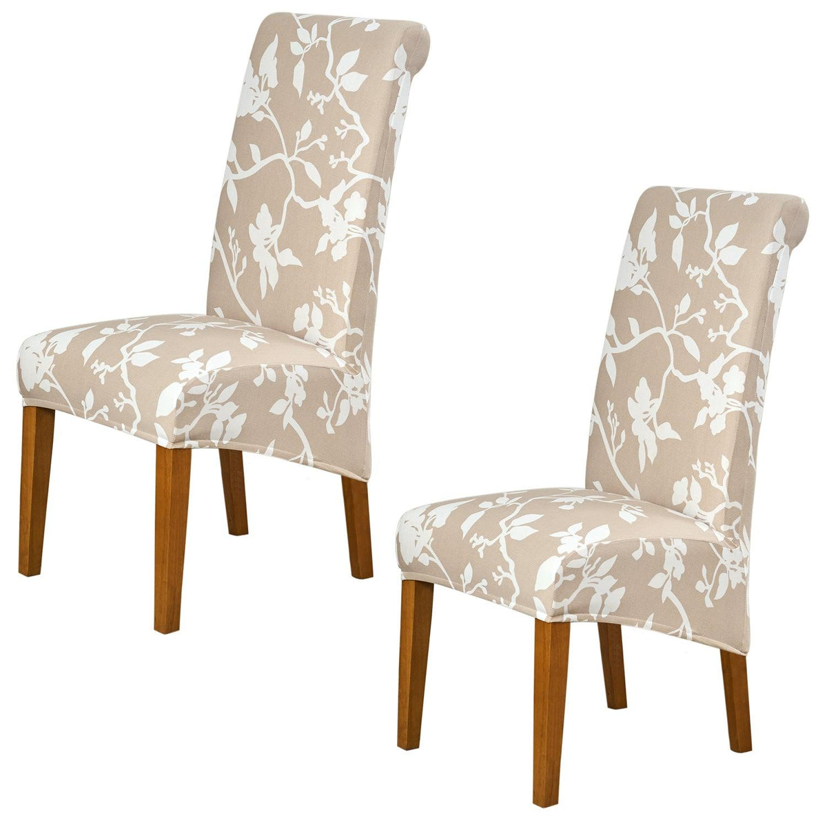 PolySpandex 140gsm High Back Dining Chair Cover Set of 1/2/4/6, Buff Brown Sillehoute Floral - HOKIPO | Har Ghar ka Humsafar