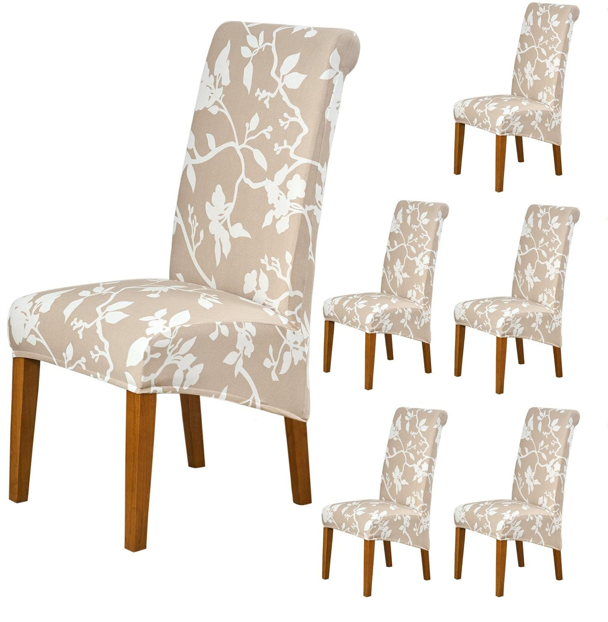 Premium Buff Brown Sillehoute Floral print high-back chair covers​ set of 6 | HOKIPO