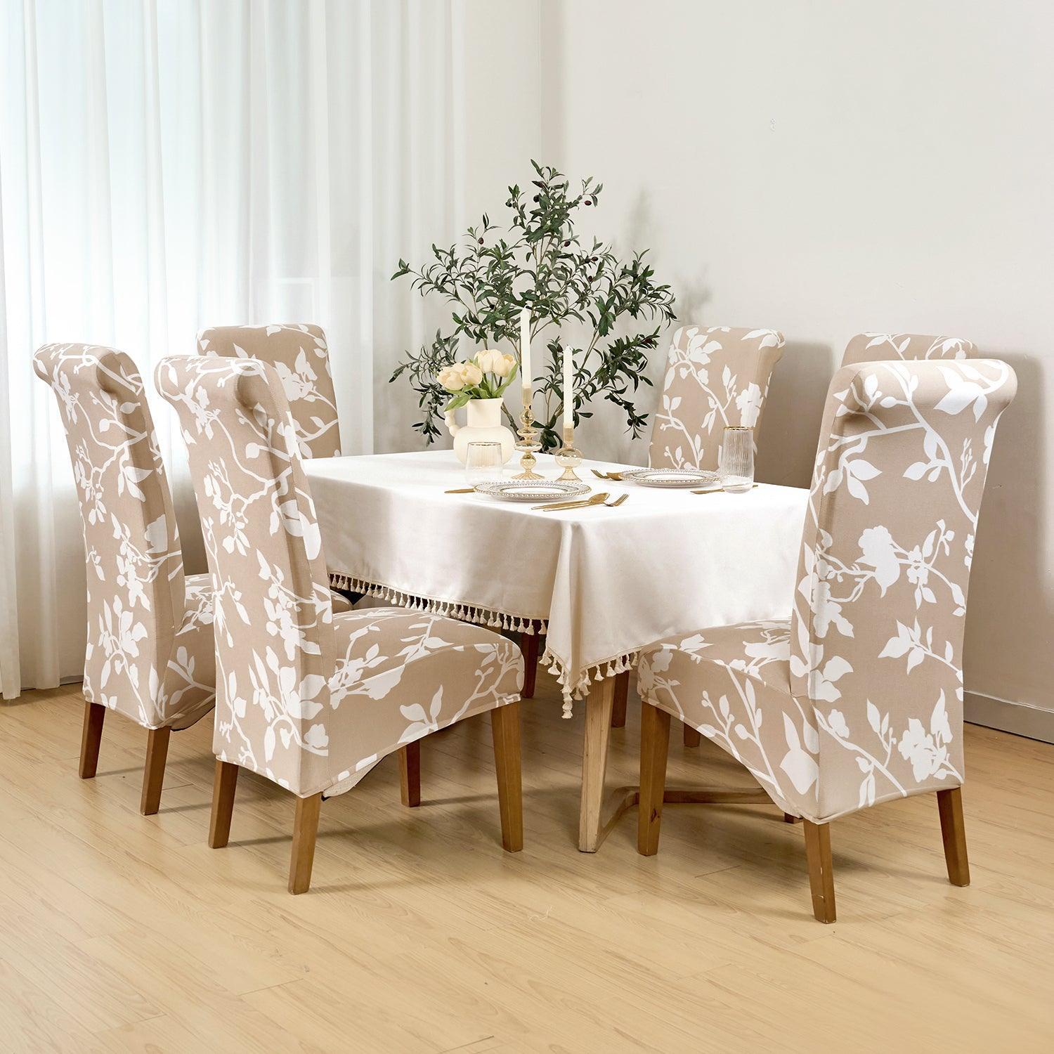 PolySpandex 140gsm High Back Dining Chair Cover Set of 1/2/4/6, Buff Brown Sillehoute Floral - HOKIPO | Har Ghar ka Humsafar