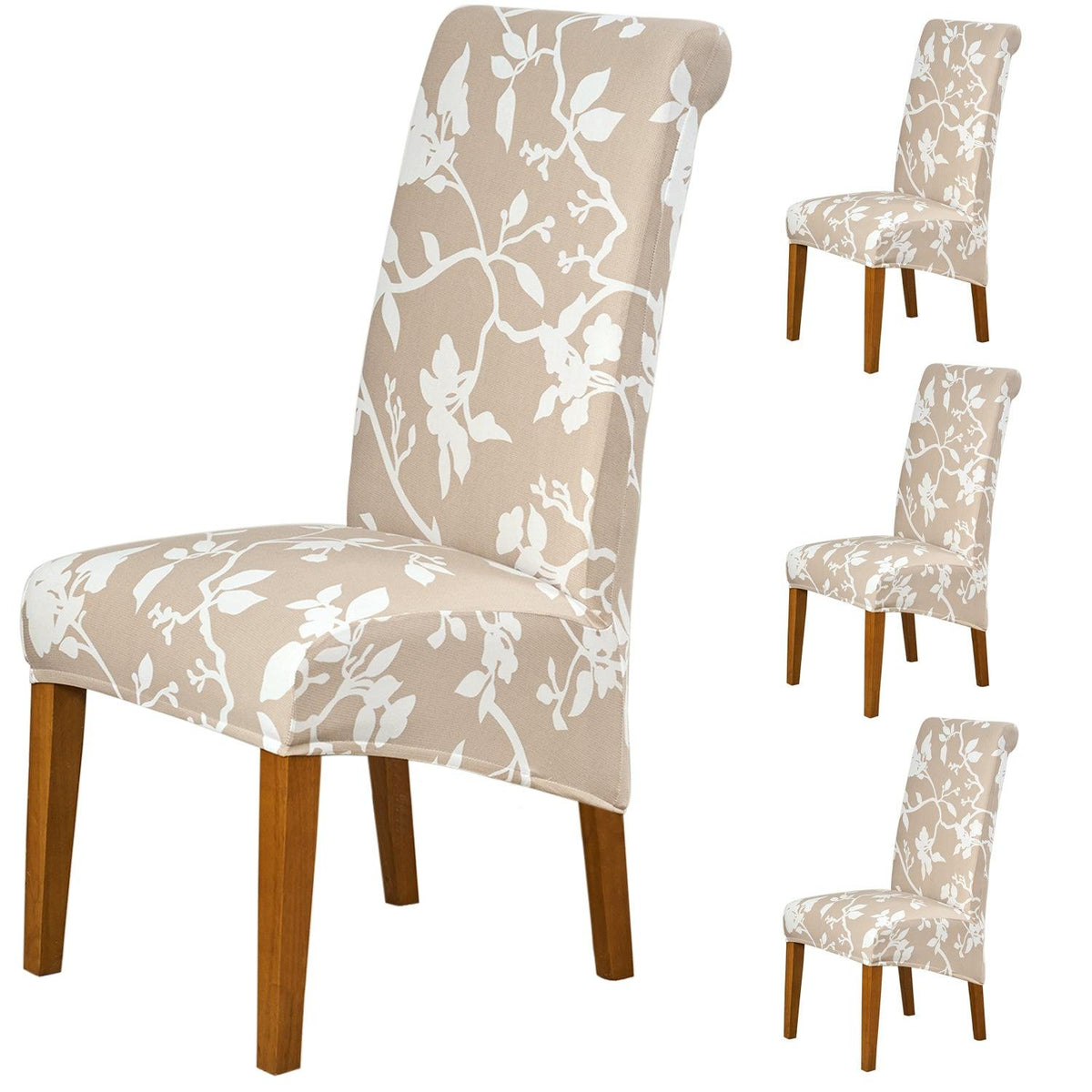 Premium Buff Brown Sillehoute Floral print high-back dining chair covers​ set of 4 | HOKIPO