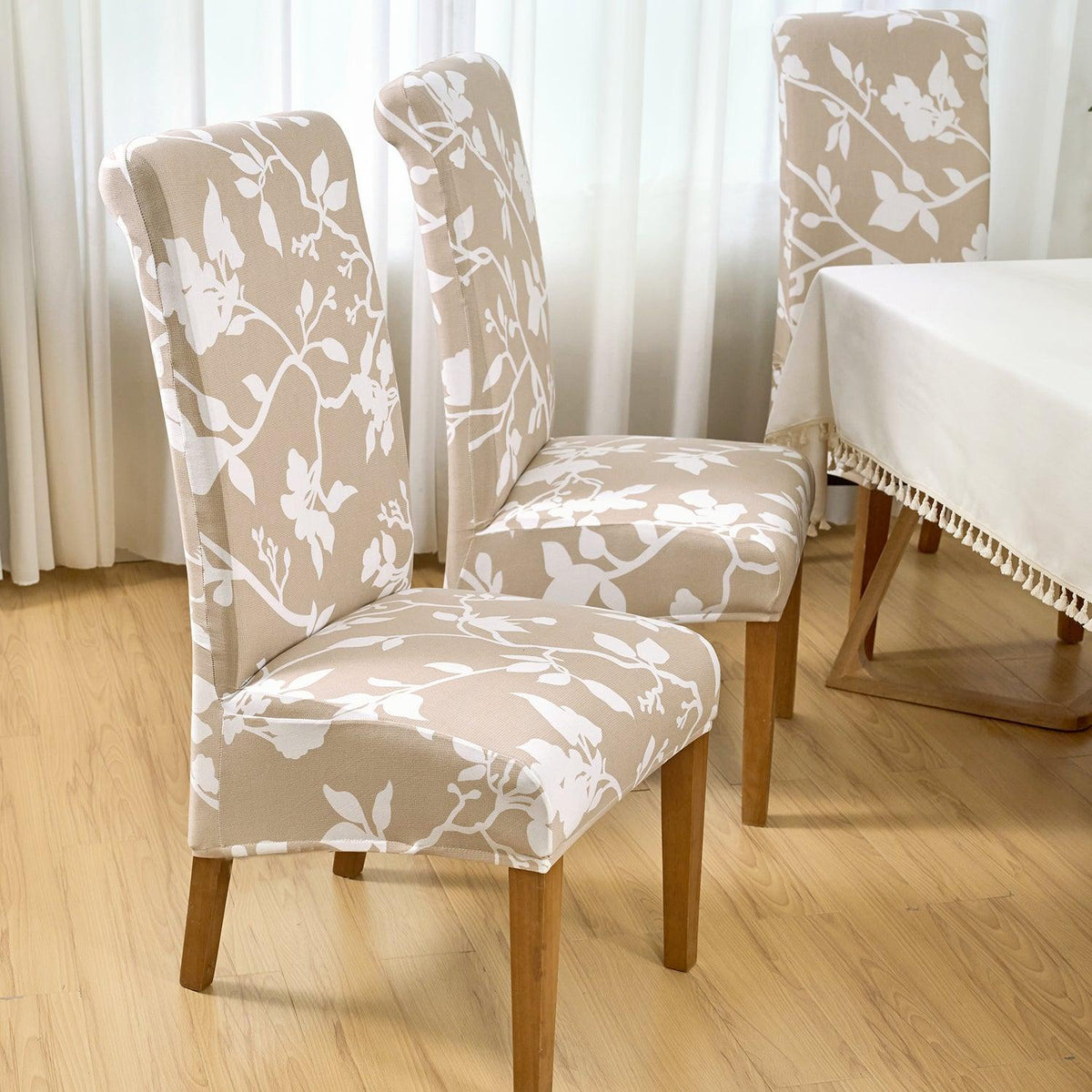 Buy Buff Brown Sillehoute Floral print long-back dining table chair cover sets | HOKIPO
