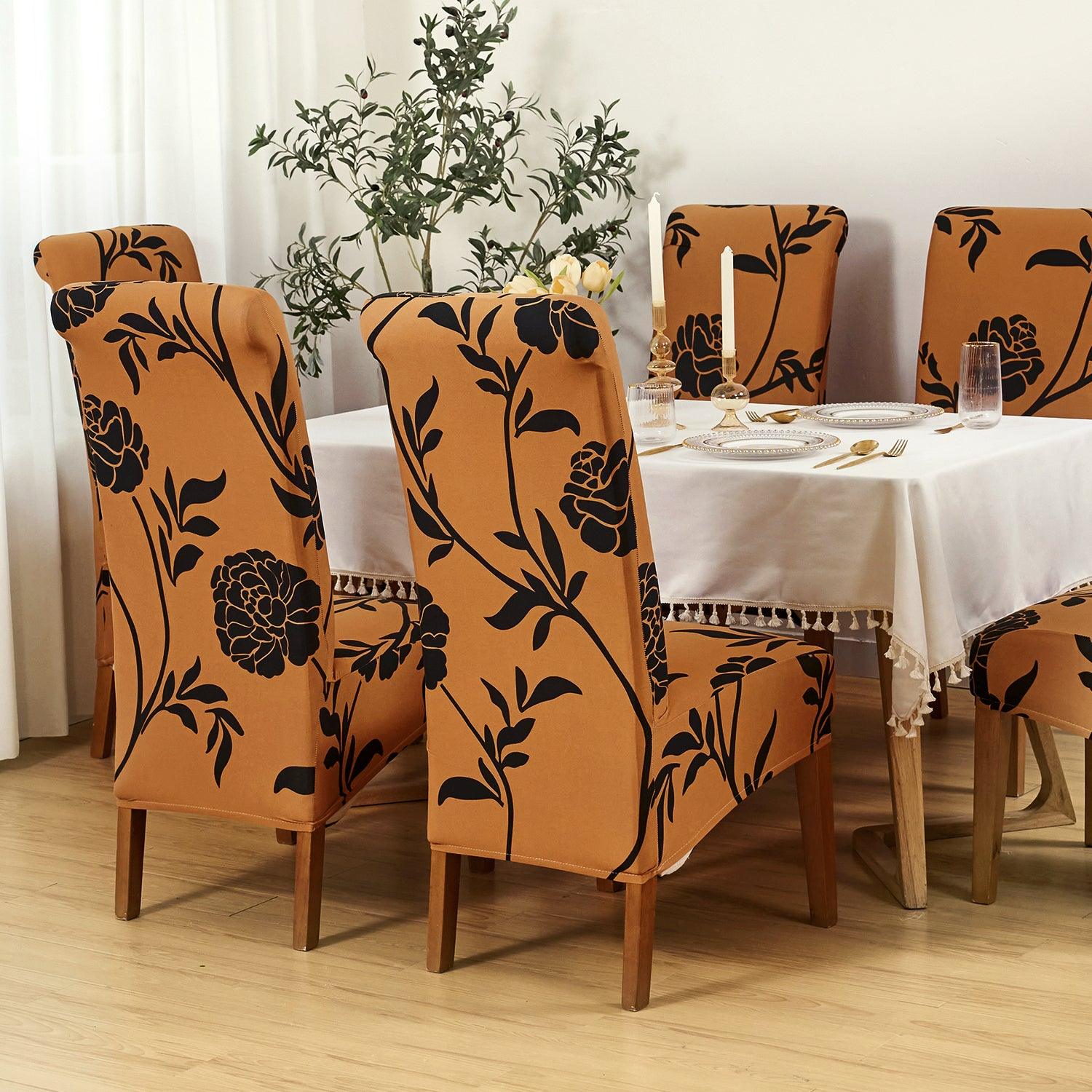 PolySpandex 140gsm High Back Dining Chair Cover Set of 1/2/4/6, Copper Brown Floral - HOKIPO | Har Ghar ka Humsafar