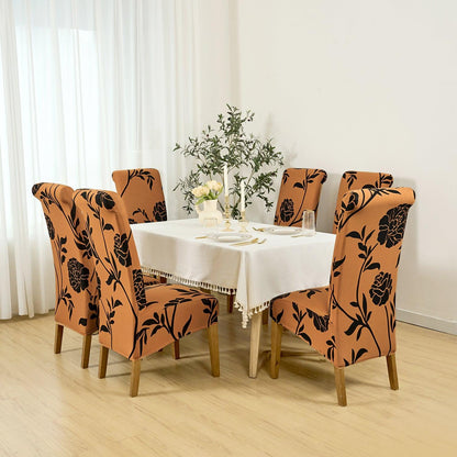 PolySpandex 140gsm High Back Dining Chair Cover Set of 1/2/4/6, Copper Brown Floral - HOKIPO | Har Ghar ka Humsafar