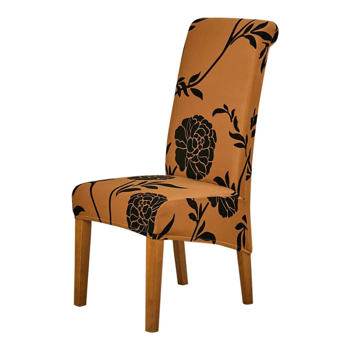 Buy Copper Brown Floral print high-back chair cover fitted on wooden chair | HOKIPO