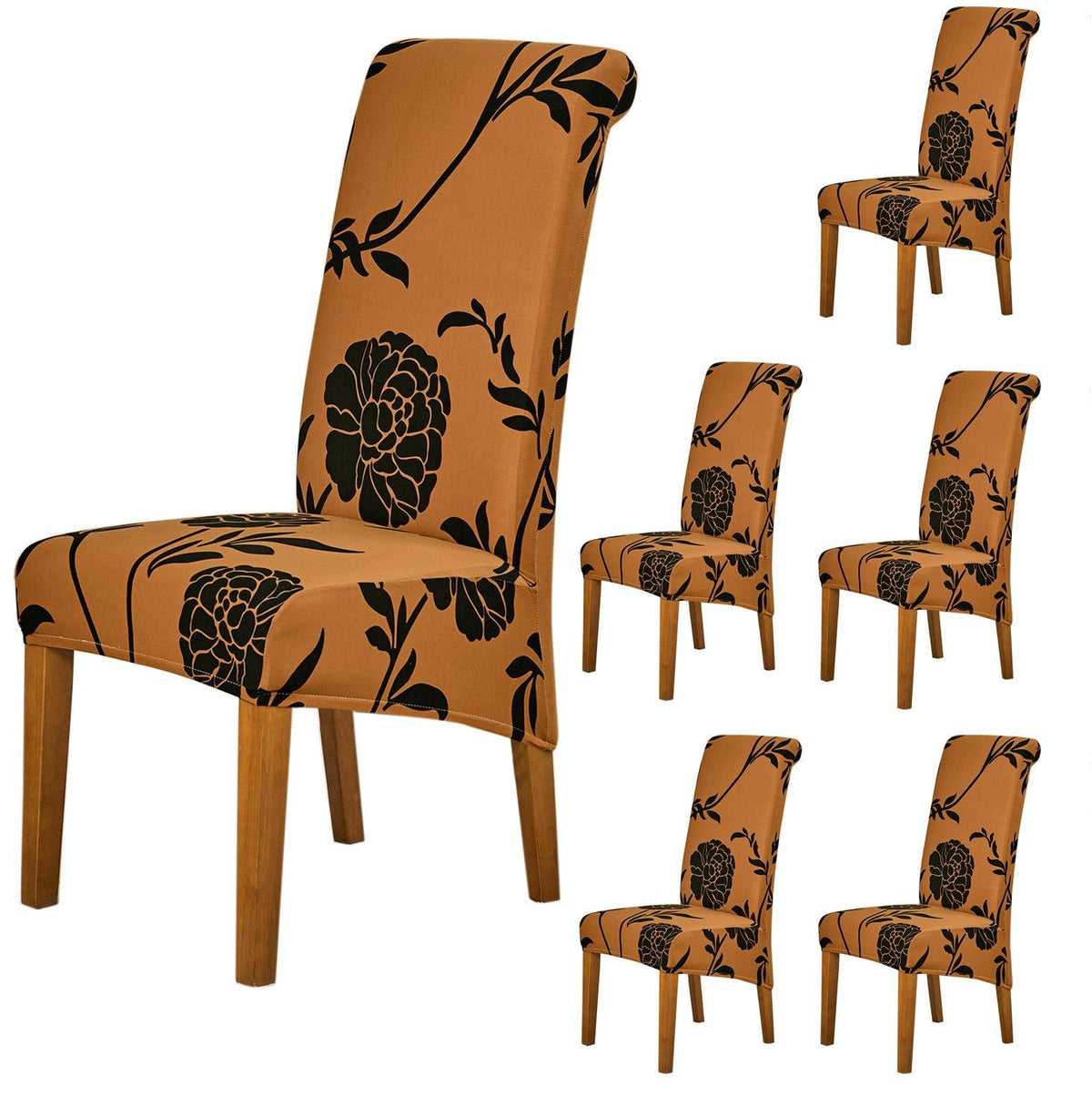 Premium Copper Brown Floral print long-back dining chair covers​ set of 6 | HOKIPO