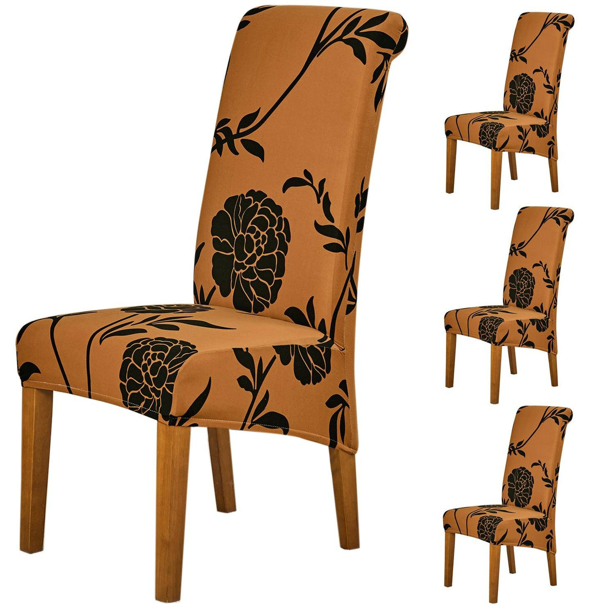 Buy Premium Copper Brown Floral print long-back chair covers​ set of 4 | HOKIPO